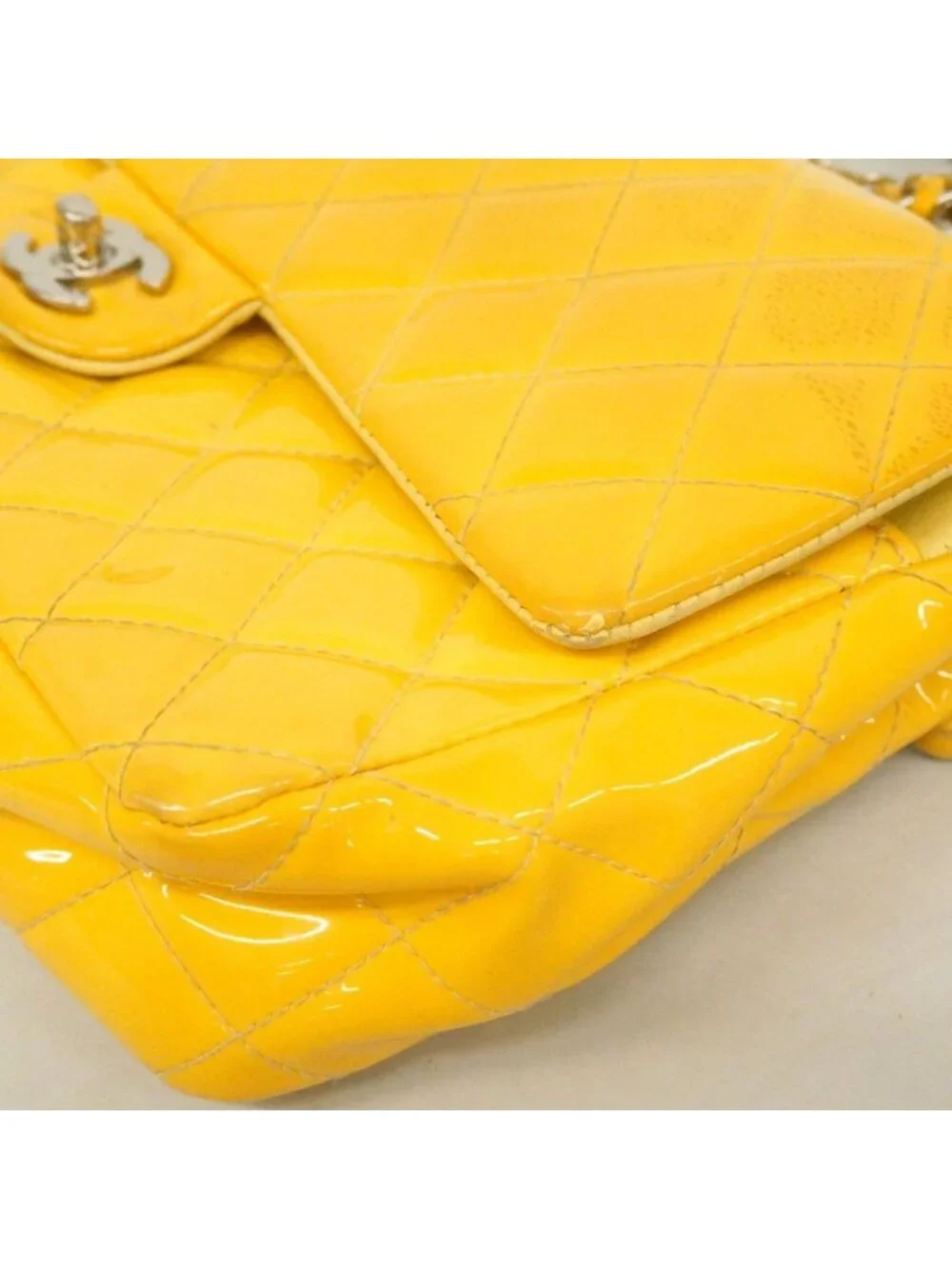 Chanel Shoulder Bag Quilted Patent Leather Yellow Silver